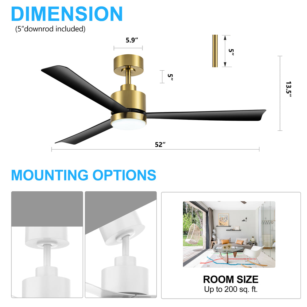 52 Inch White 3-Blade LED Ceiling Fan with Light and Remote Control