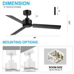 48 inch  3-Blade Black Ceiling Fan without Light,5in Downrod Included