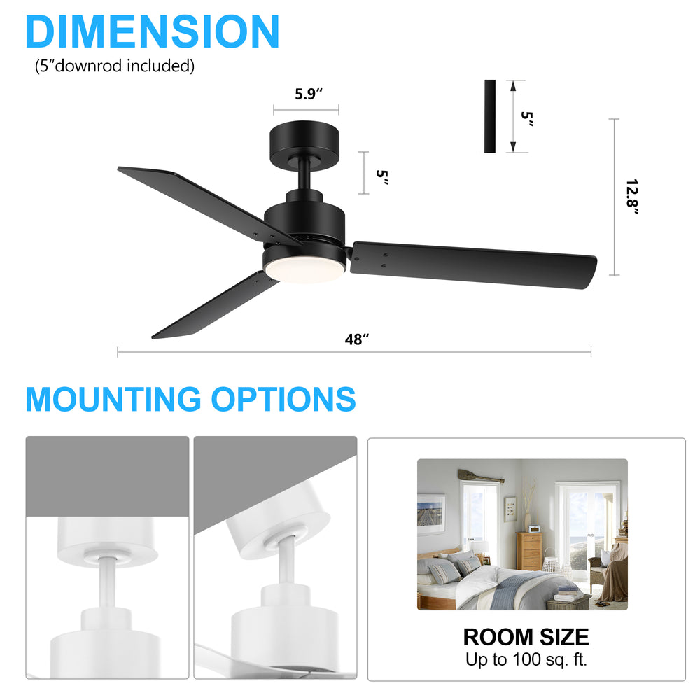 48-inch LED Black Ceiling Fan with Light and Remote (3-Blade)