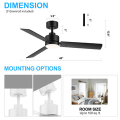 48-inch LED Black Ceiling Fan with Light and Remote (3-Blade)