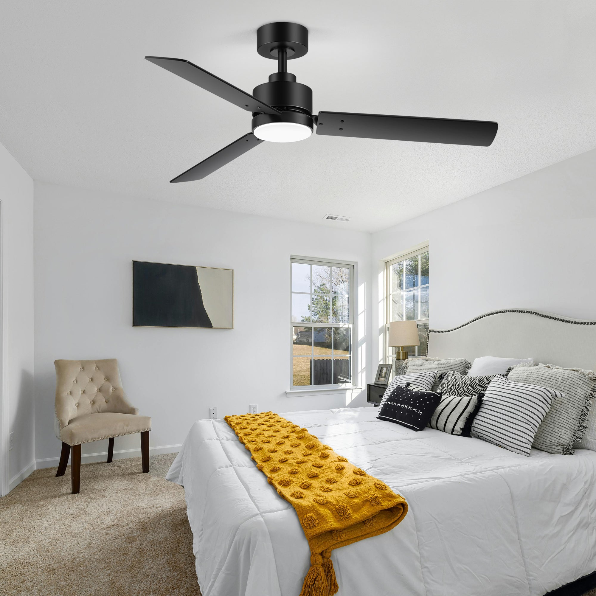Covara 48-inch black 3-blade ceiling fan with integrated LED installed in a bedroom