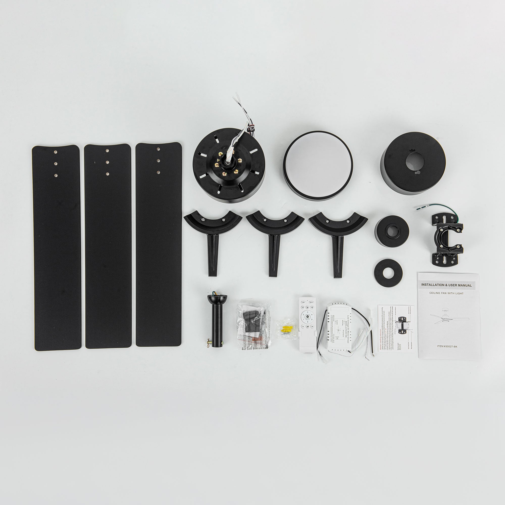Solmere 30027-BK ceiling fan parts including three blades remote receiver downrod and light components
