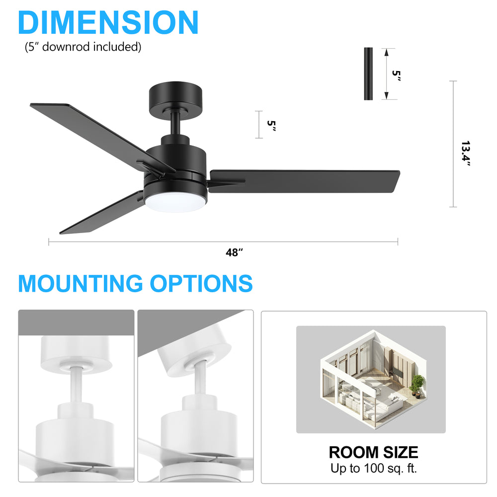 48-inch 3-Blade Black Ceiling Fan with Light and Remote,18W LED Light with 3 Adjustable Color Temperature