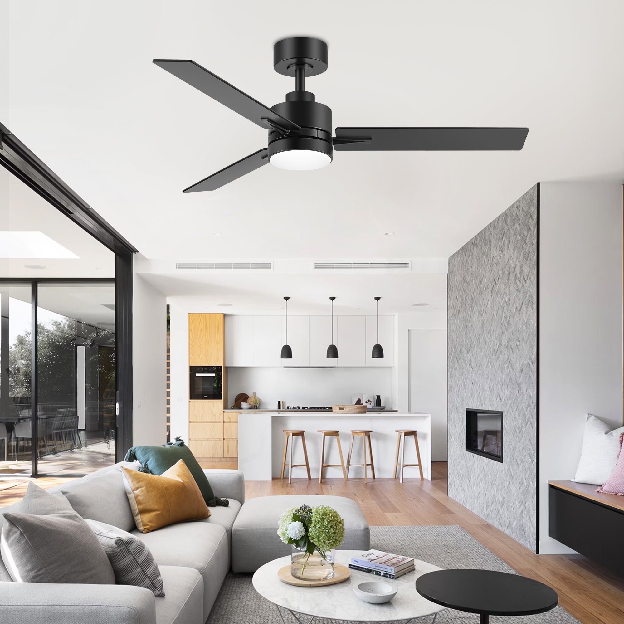 Solmere 48-inch black 3-blade ceiling fan with light installed in a modern living space