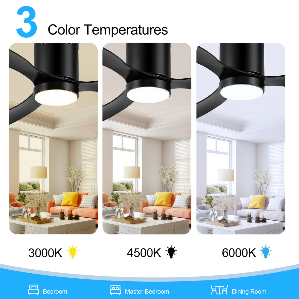 52 Inch Flush Mount Ceiling Fan, Low Profile Ceiling Fan with Light and Remote,Tri-Color temperatures, Quiet Strong DC Reversible Motor for Indoor, Bedroom, Kitchen, Living Room