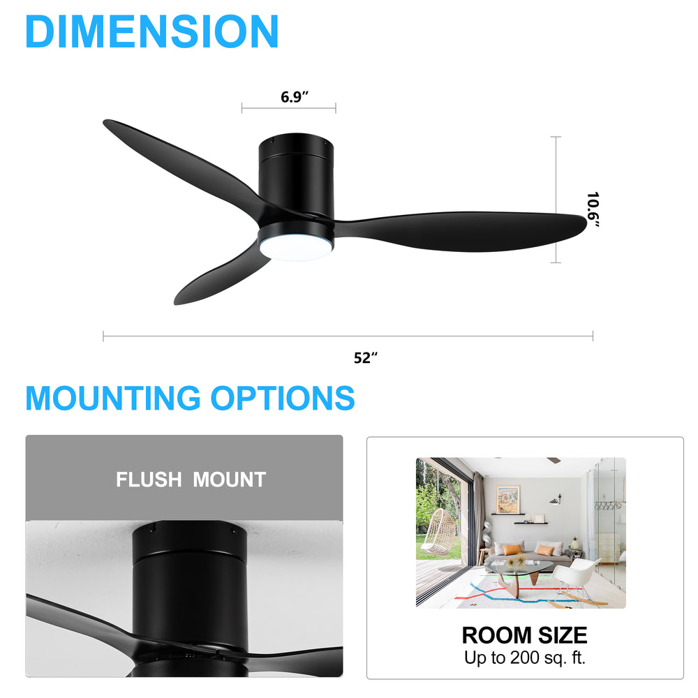52 Inch Flush Mount Ceiling Fan, Low Profile Ceiling Fan with Light and Remote,Tri-Color temperatures, Quiet Strong DC Reversible Motor for Indoor, Bedroom, Kitchen, Living Room