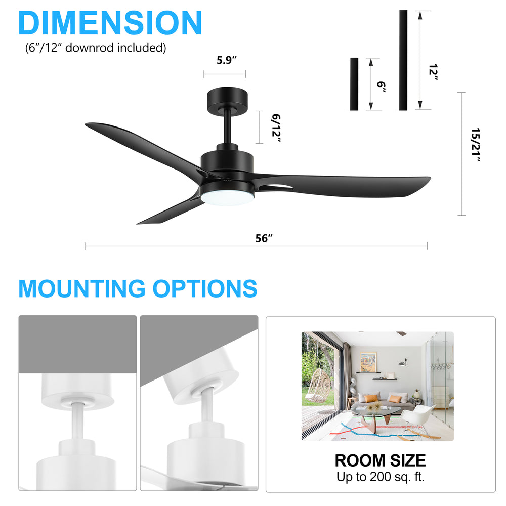 56-Inch Industrial Black Ceiling Fans with Led Lights Remote Control, 3-Blade, Reversible DC Motor, Timer, Modern Ceiling Fan Lights for Bedroom Living Room Office