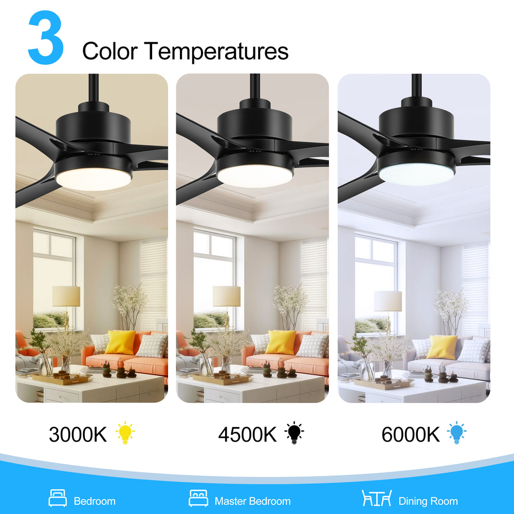 56-Inch Industrial Black Ceiling Fans with Led Lights Remote Control, 3-Blade, Reversible DC Motor, Timer, Modern Ceiling Fan Lights for Bedroom Living Room Office