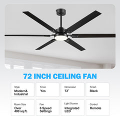 Large 72 Inch 6-Blade Integrated LED Ceiling Fan with Light Remote,6in and 12in  Downrod Included