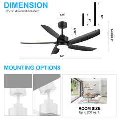 54 Inch Black 5-Blade Integrated LED Ceiling Fan with Light Remote,6in and  12in Downrod Included