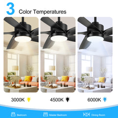 54 Inch Black 5-Blade Integrated LED Ceiling Fan with Light Remote,6in and  12in Downrod Included