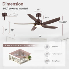 54-inch 5-Blade Integrated LED Ceiling Fan with Light Remote,6in and  12in Downrod Included