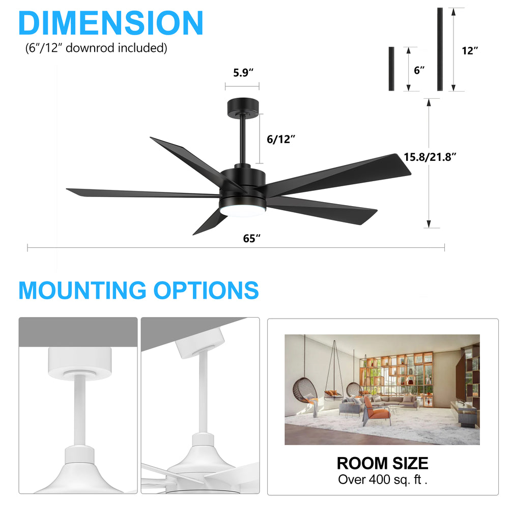 65 Inch 5-Blade LED Ceiling Fan with Light Remote，6"and 12" Downrod Included