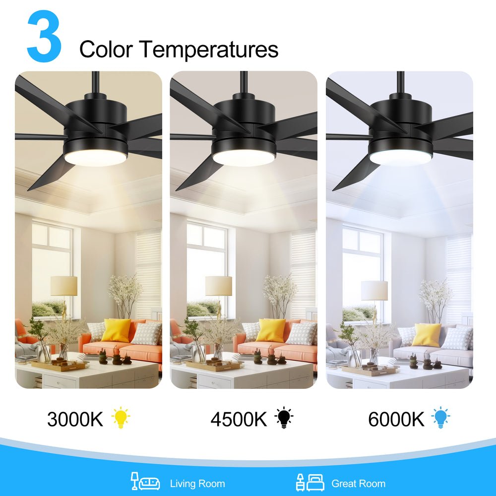 65 Inch 5-Blade LED Ceiling Fan with Light Remote，6"and 12" Downrod Included