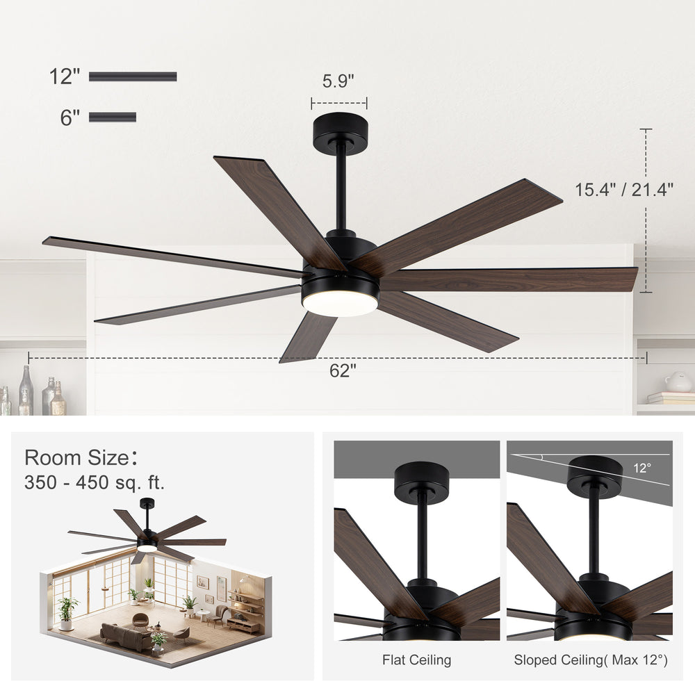 62-inch Modern Reversible 7-Blade LED Ceiling Fan with Remote and Light