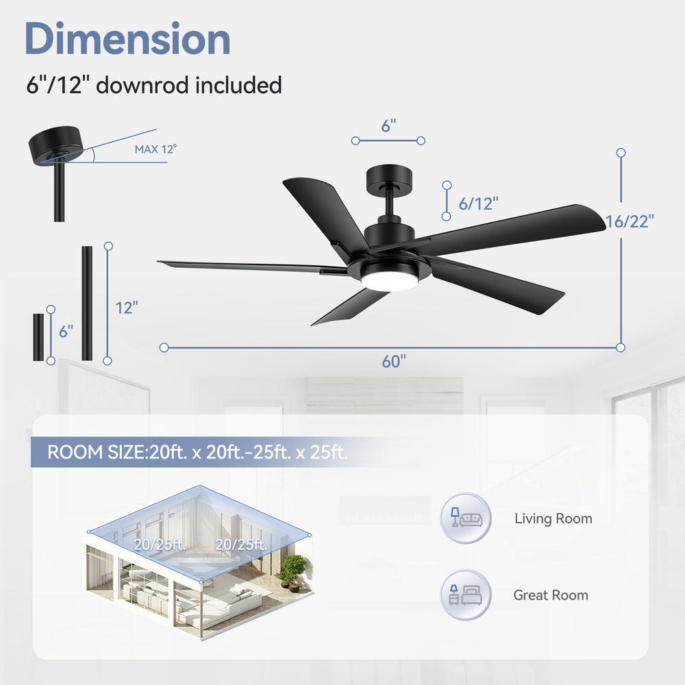 Breezary 60" 5-Blade Silent DC Motor Modern Ceiling Fan with 18W LED Light - Black