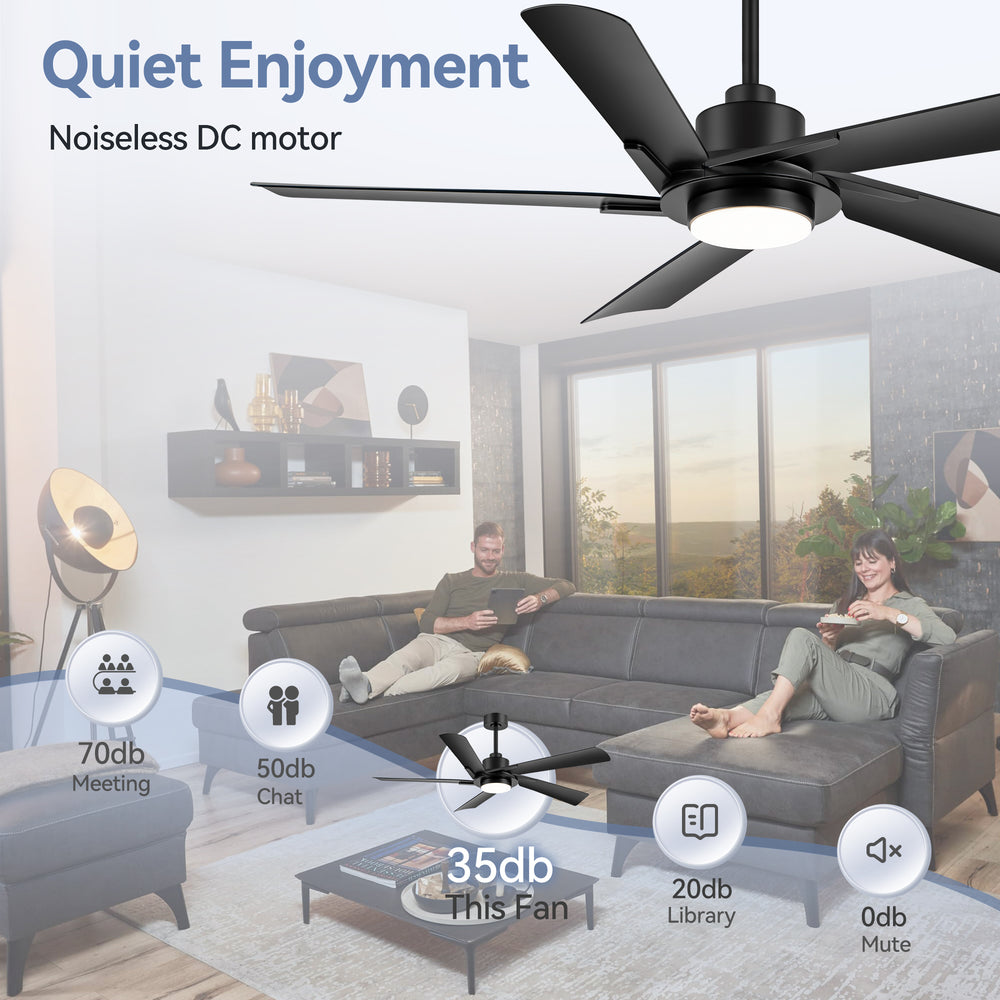 Breezary 60" 5-Blade Silent DC Motor Modern Ceiling Fan with 18W LED Light - Black