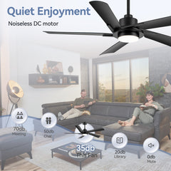 60-inch Modern Ceiling Fan with 5 ABS Blades, 18W LED Light, 6-Speed Quiet DC Motor, Remote Control, 3 Color Temps & Dual Downrods (6" & 12")