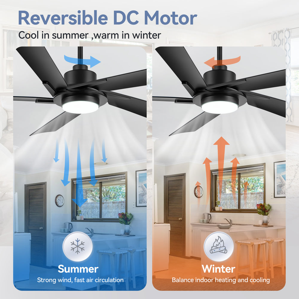 Breezary 60" 5-Blade Silent DC Motor Modern Ceiling Fan with 18W LED Light - Black