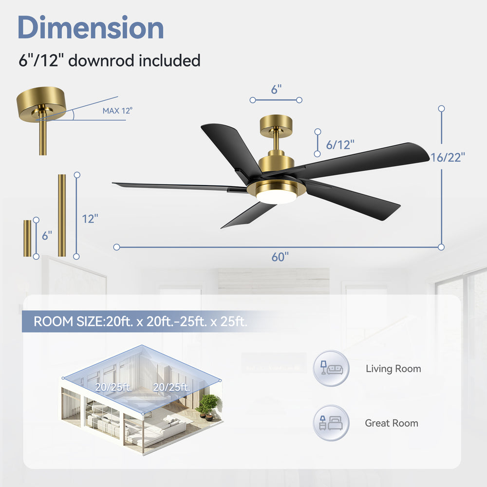 Breezary 60" 5-Blade Silent DC Motor Modern Ceiling Fan with 18W LED Light - Black