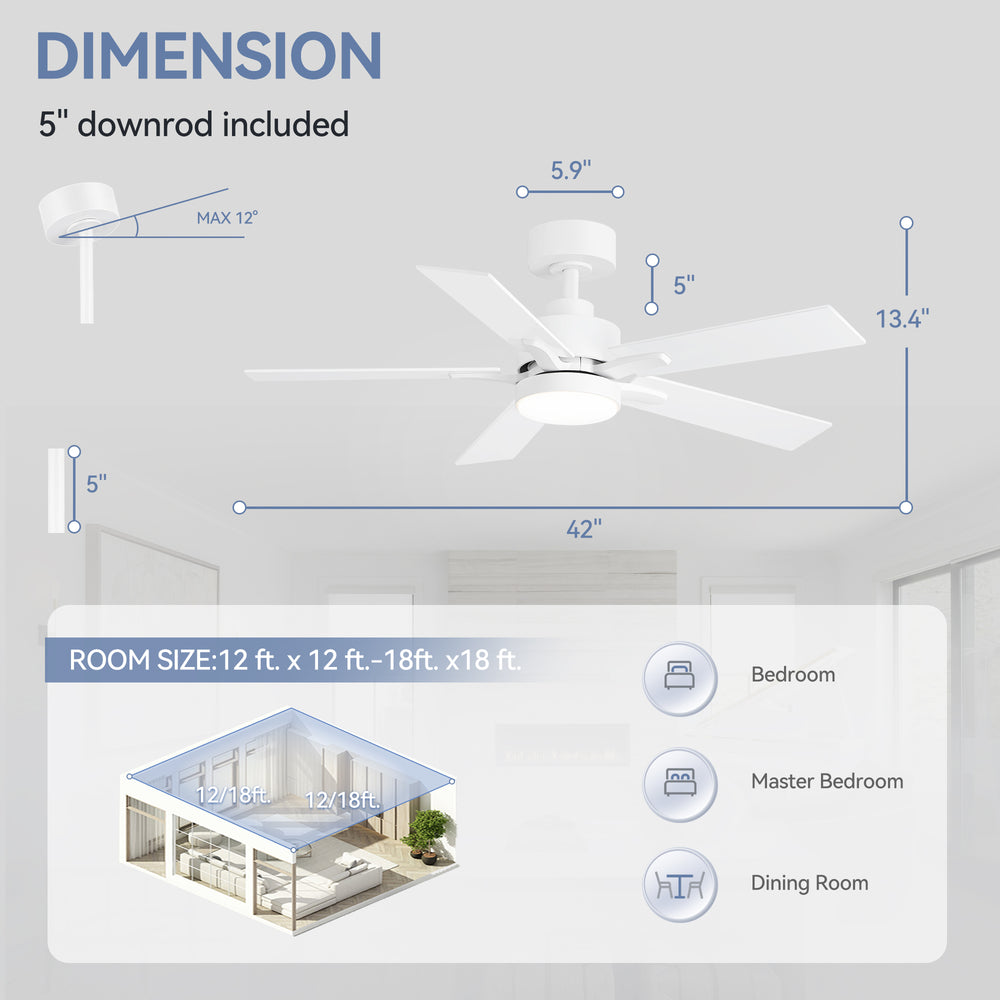 42-inch 5-Blade Ceiling Fan with Lights and Remote, 6 Speeds Reversible DC Motor Noiseless, Modern Ceiling Fan for Patios, Living Room, Farmhouse, Kitchen