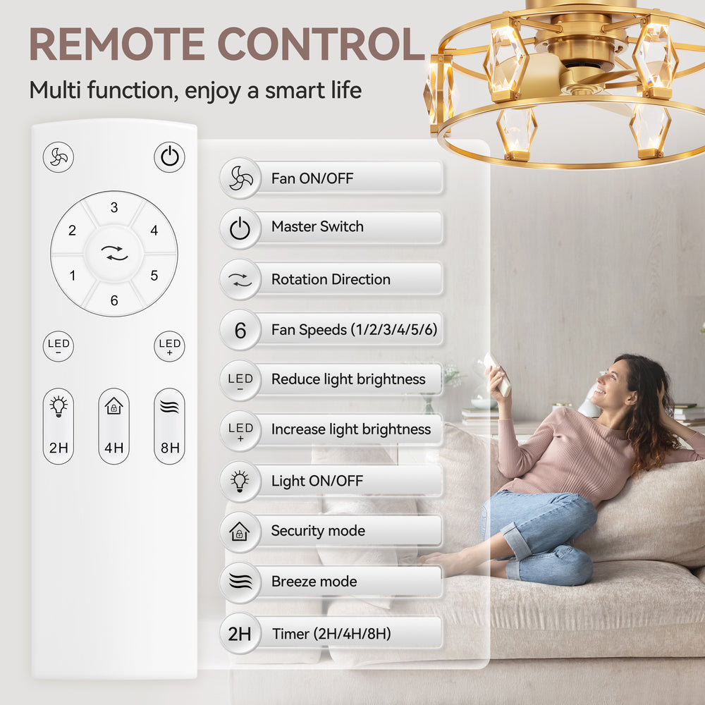 20.8-inch Flush Mount Crystal Ceiling Fan with Dimmable LED Light and Remote(3-Blade)