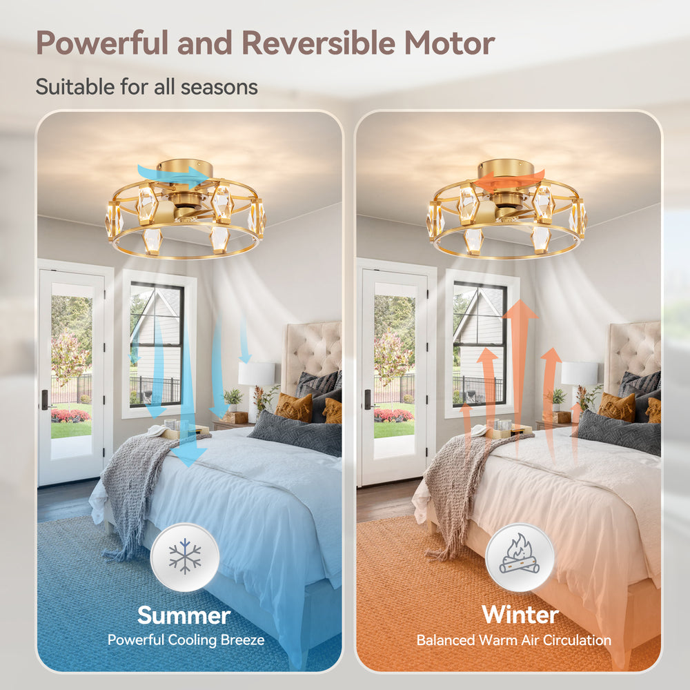 20.8-inch Flush Mount Crystal Ceiling Fan with Dimmable LED Light and Remote(3-Blade)