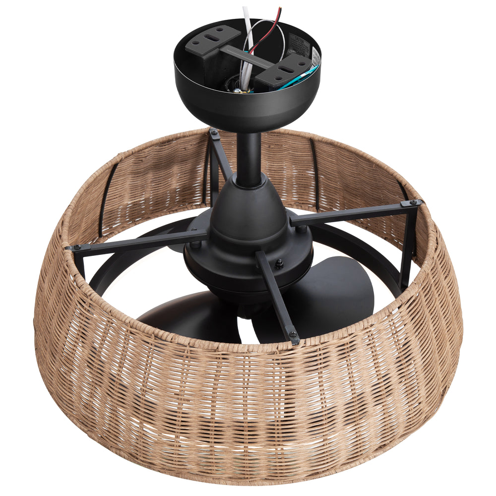 20-inch Rattan Caged 3-Blade Ceiling Fan with Dimmable LED Light and Remote, 6" Downrod Included
