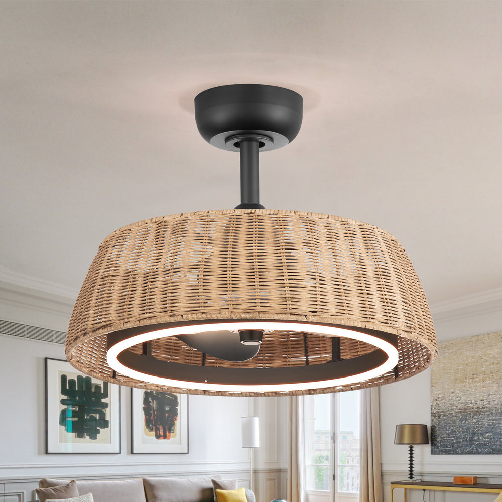 20-inch Rattan Caged 3-Blade Ceiling Fan with Dimmable LED Light and Remote, 6" Downrod Included
