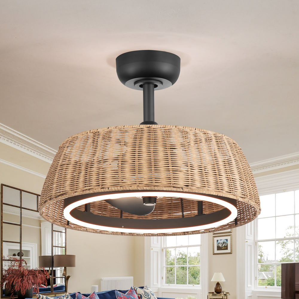 20-inch Rattan Caged 3-Blade Ceiling Fan with Dimmable LED Light and Remote, 6" Downrod Included