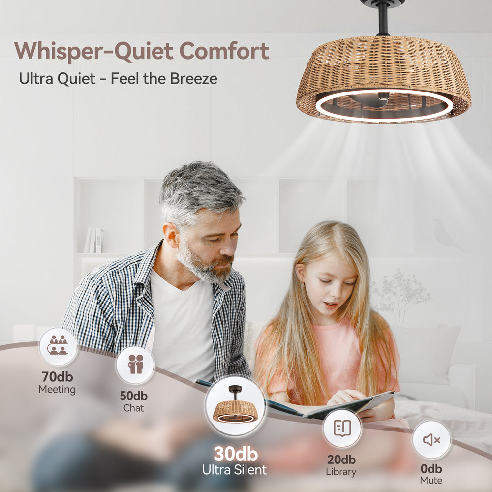 20-inch Rattan Caged 3-Blade Ceiling Fan with Dimmable LED Light and Remote, 6" Downrod Included