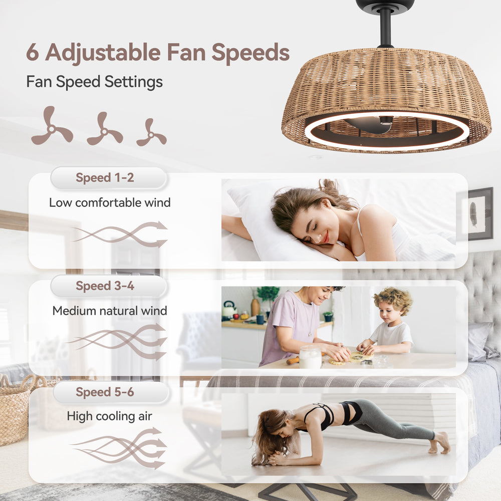 20-inch Rattan Caged 3-Blade Ceiling Fan with Dimmable LED Light and Remote, 6" Downrod Included