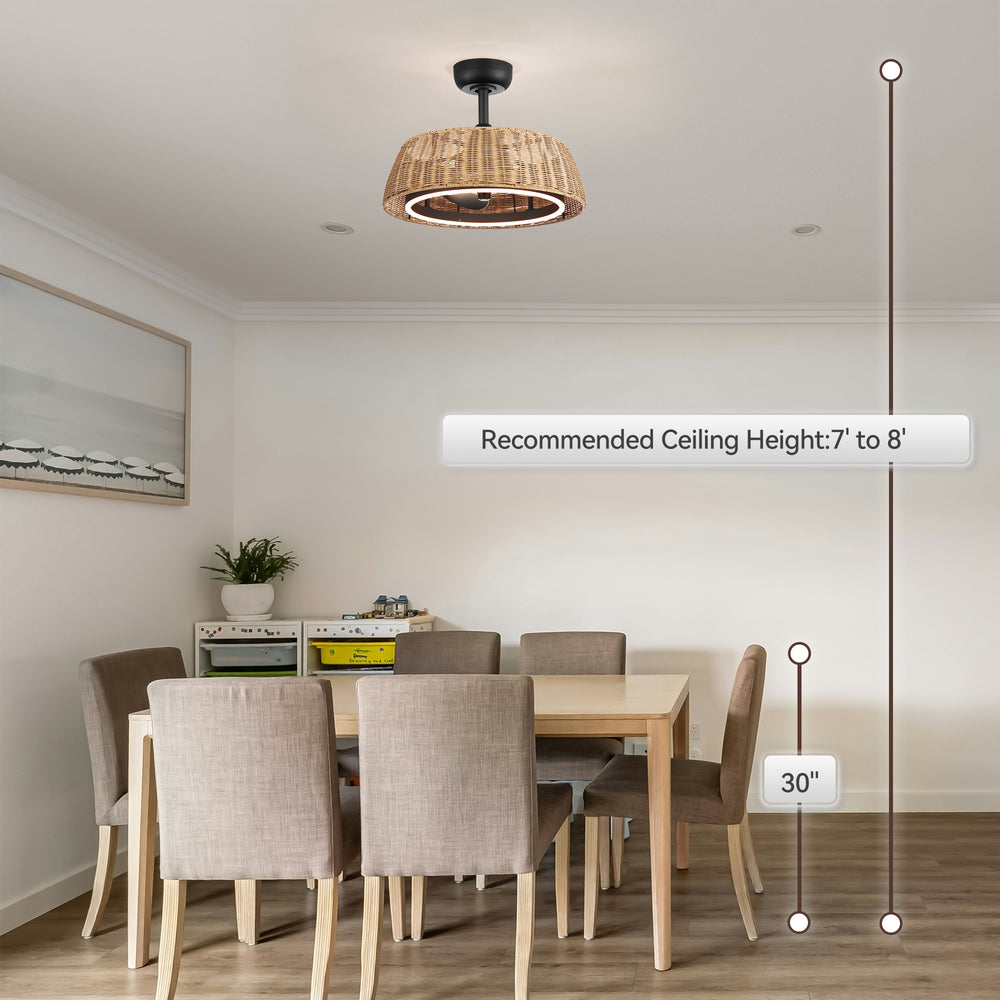 20-inch Rattan Caged 3-Blade Ceiling Fan with Dimmable LED Light and Remote, 6" Downrod Included