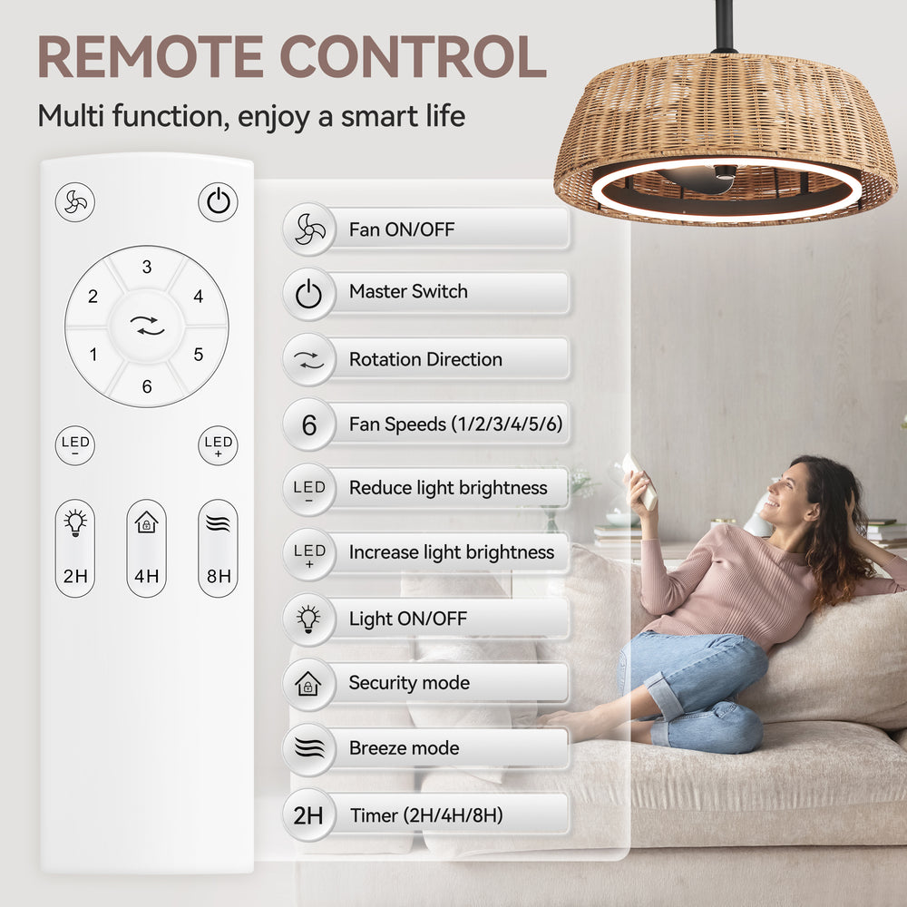20-inch Rattan Caged 3-Blade Ceiling Fan with Dimmable LED Light and Remote, 6" Downrod Included