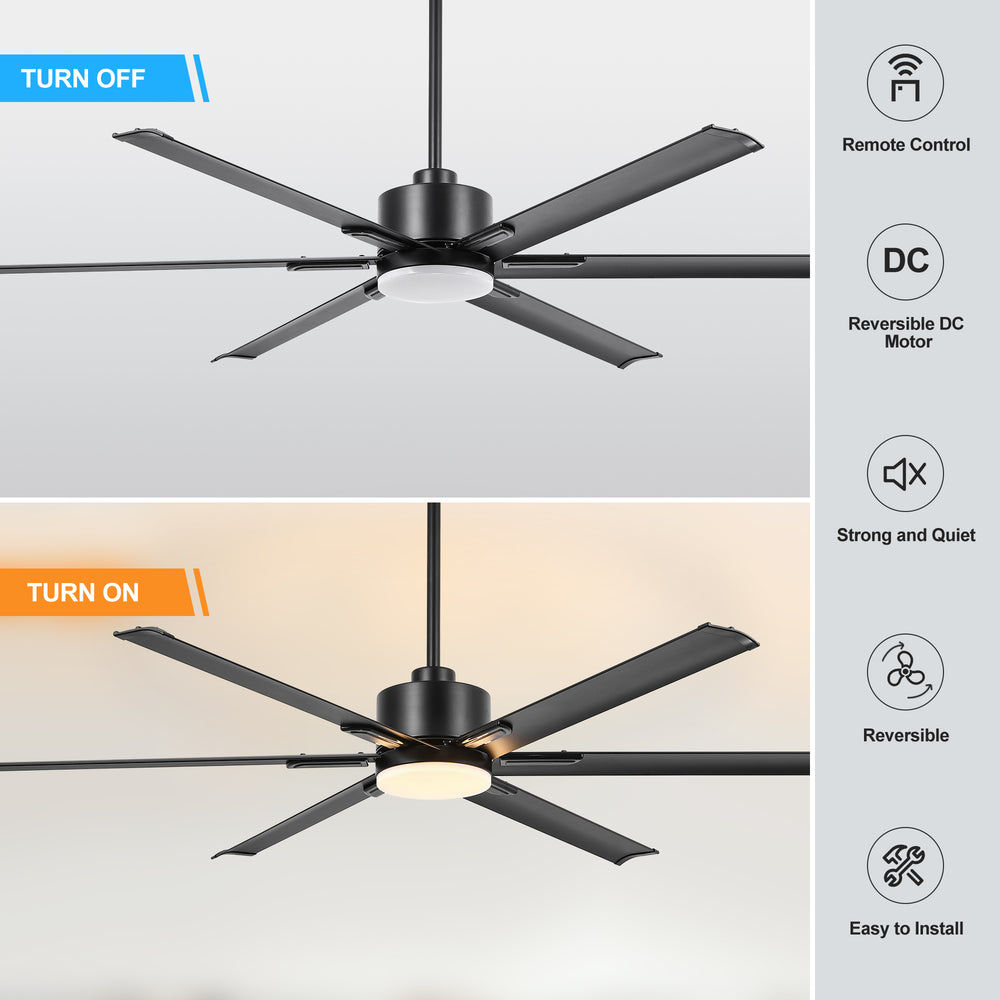 72-Inch Ceiling Fans with LED Light Remote Control, 6 Reversible Blade, Industrial Ceiling Fan with Reversible DC Motor, Down Rod Mount, LED Ceiling Light Chandelier for Bedroom