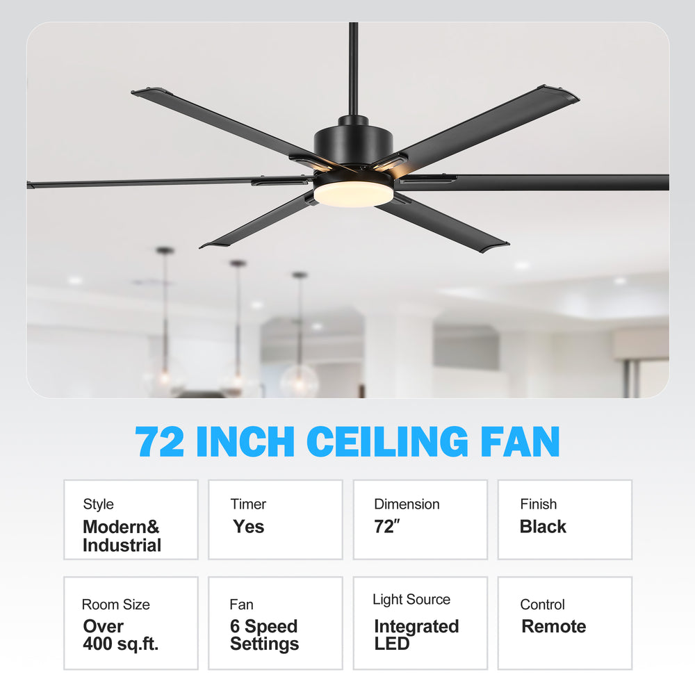 72-Inch Ceiling Fans with LED Light Remote Control, 6 Reversible Blade, Industrial Ceiling Fan with Reversible DC Motor, Down Rod Mount, LED Ceiling Light Chandelier for Bedroom