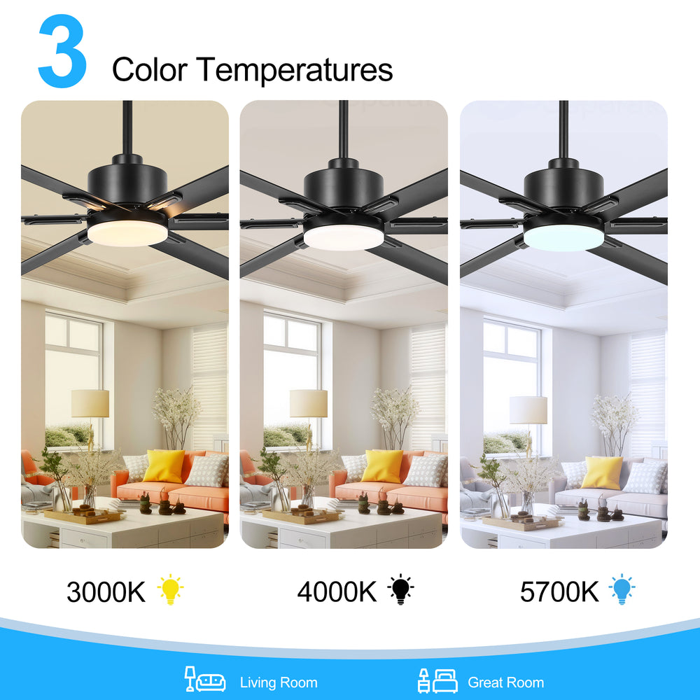 72-Inch Ceiling Fans with LED Light Remote Control, 6 Reversible Blade, Industrial Ceiling Fan with Reversible DC Motor, Down Rod Mount, LED Ceiling Light Chandelier for Bedroom