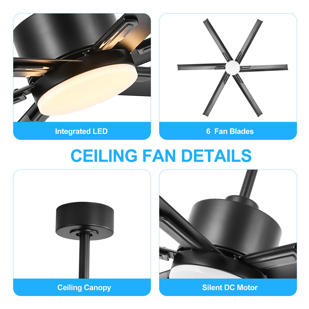 72-Inch Ceiling Fans with LED Light Remote Control, 6 Reversible Blade, Industrial Ceiling Fan with Reversible DC Motor, Down Rod Mount, LED Ceiling Light Chandelier for Bedroom