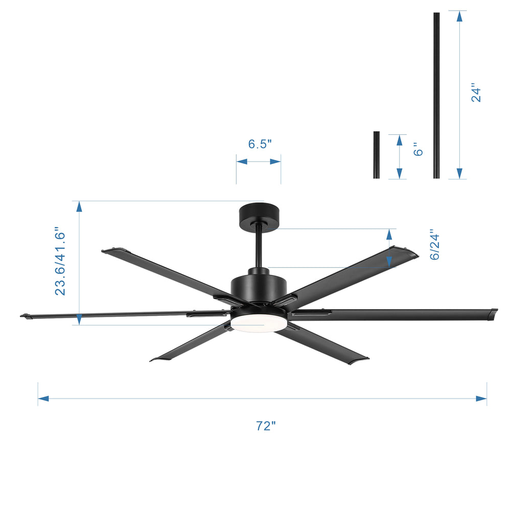 72-Inch Ceiling Fans with LED Light Remote Control, 6 Reversible Blade, Industrial Ceiling Fan with Reversible DC Motor, Down Rod Mount, LED Ceiling Light Chandelier for Bedroom