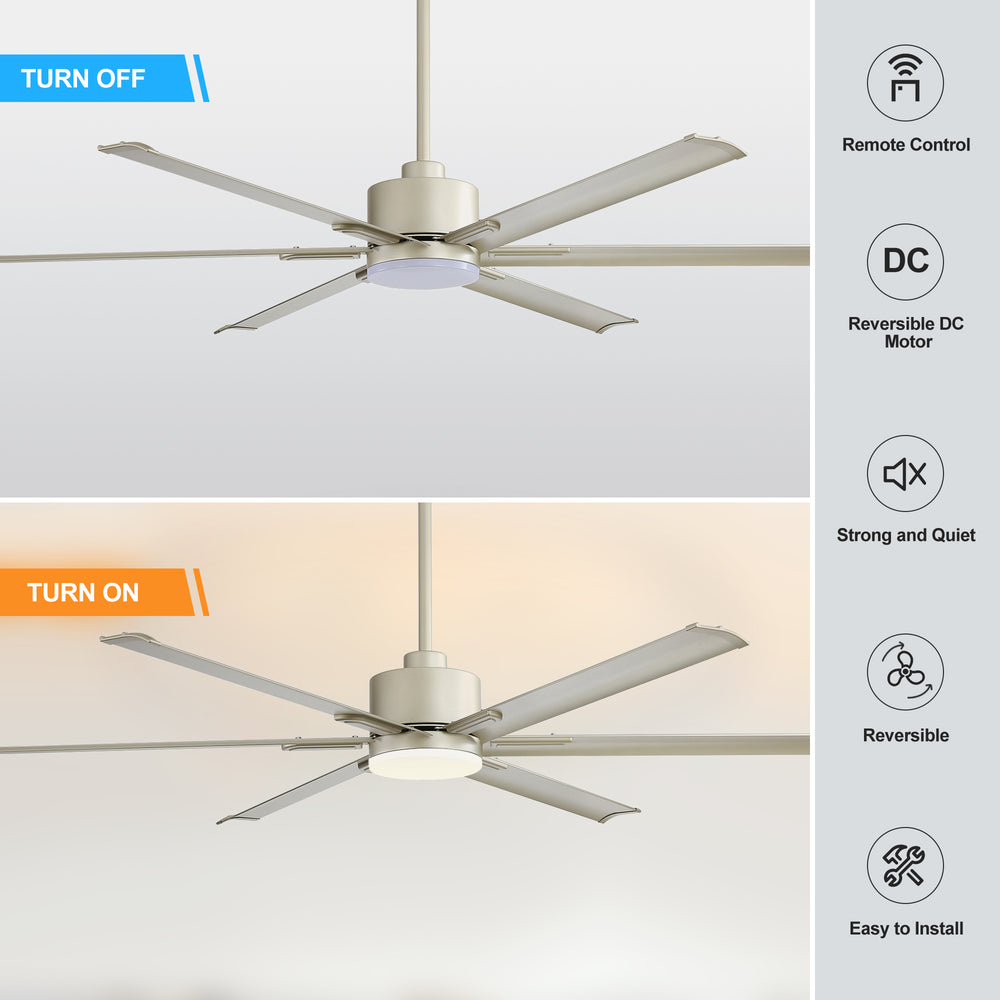 72-Inch Ceiling Fans with LED Light Remote Control, 6 Reversible Blade, Industrial Ceiling Fan with Reversible DC Motor, Down Rod Mount, LED Ceiling Light Chandelier for Bedroom