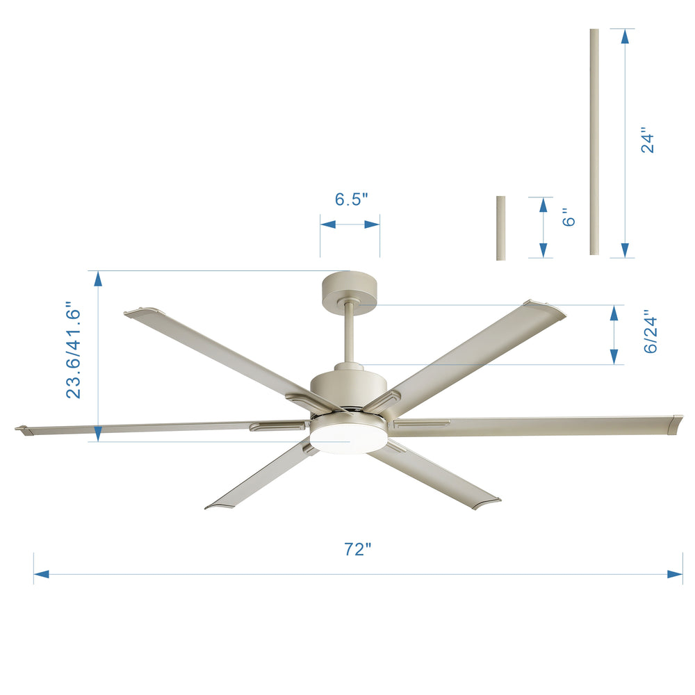 72-Inch Ceiling Fans with LED Light Remote Control, 6 Reversible Blade, Industrial Ceiling Fan with Reversible DC Motor, Down Rod Mount, LED Ceiling Light Chandelier for Bedroom