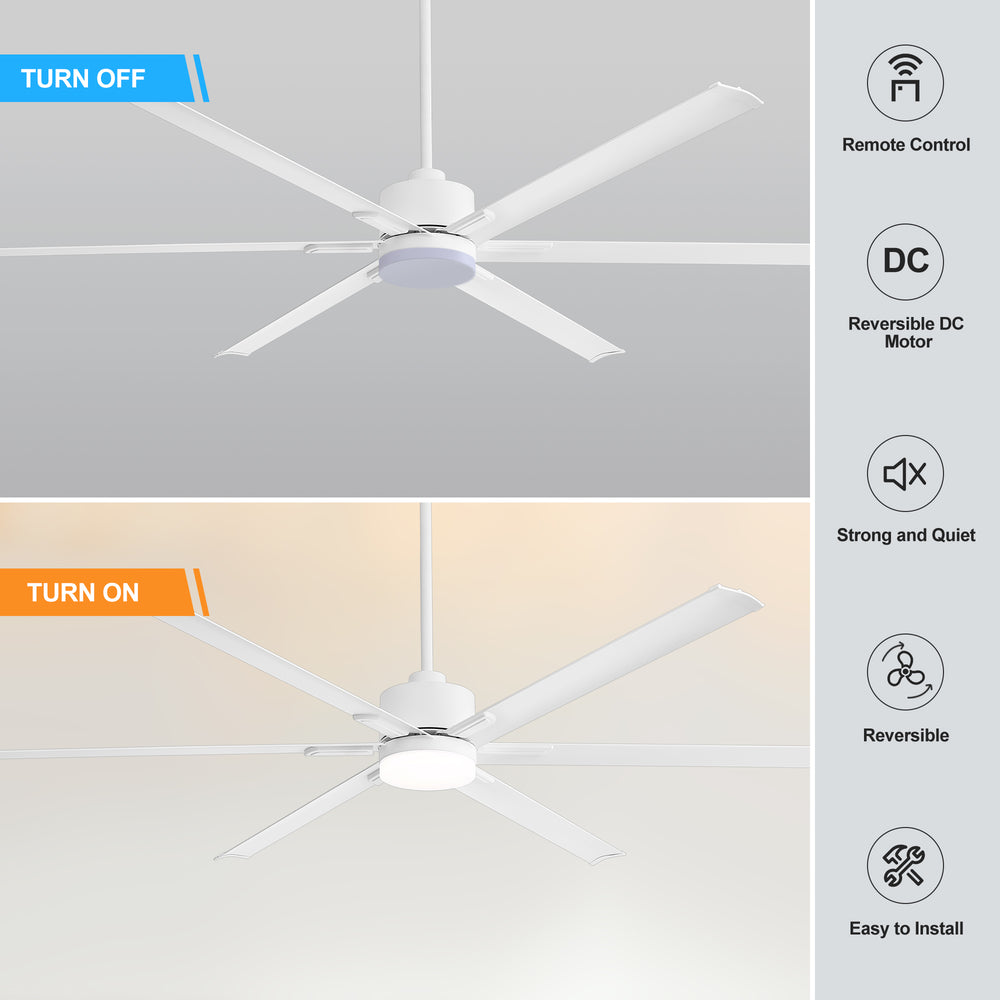 72-Inch Ceiling Fans with LED Light Remote Control, 6 Reversible Blade, Industrial Ceiling Fan with Reversible DC Motor, Down Rod Mount, LED Ceiling Light Chandelier for Bedroom