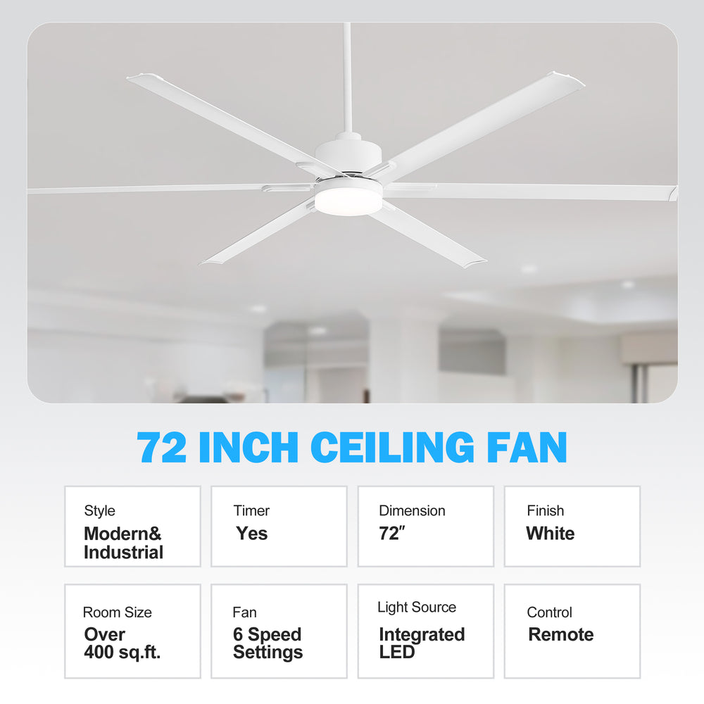 72-Inch Ceiling Fans with LED Light Remote Control, 6 Reversible Blade, Industrial Ceiling Fan with Reversible DC Motor, Down Rod Mount, LED Ceiling Light Chandelier for Bedroom