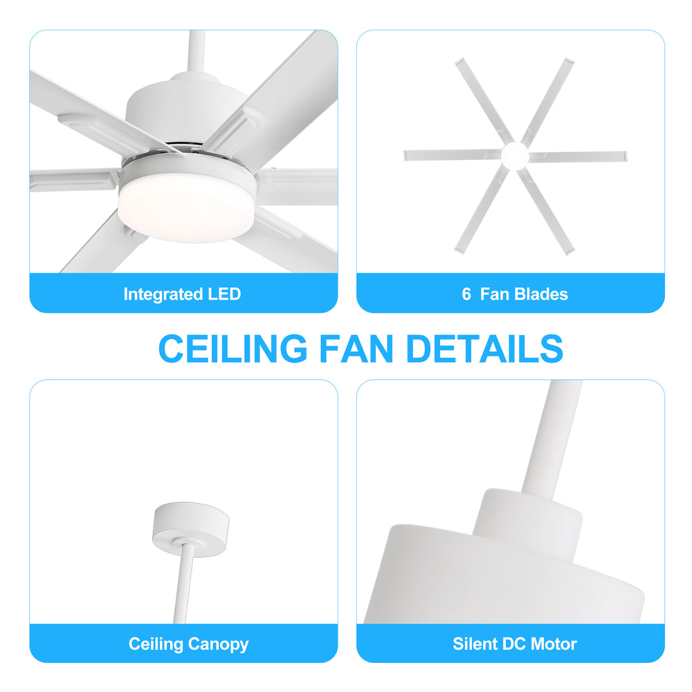 72-Inch Ceiling Fans with LED Light Remote Control, 6 Reversible Blade, Industrial Ceiling Fan with Reversible DC Motor, Down Rod Mount, LED Ceiling Light Chandelier for Bedroom