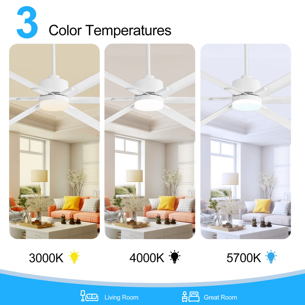 72-Inch Ceiling Fans with LED Light Remote Control, 6 Reversible Blade, Industrial Ceiling Fan with Reversible DC Motor, Down Rod Mount, LED Ceiling Light Chandelier for Bedroom
