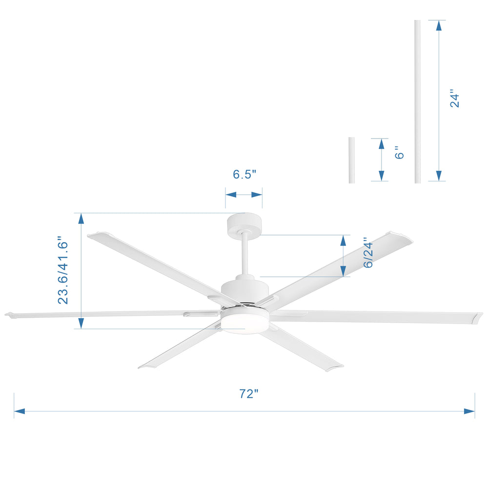 72-Inch Ceiling Fans with LED Light Remote Control, 6 Reversible Blade, Industrial Ceiling Fan with Reversible DC Motor, Down Rod Mount, LED Ceiling Light Chandelier for Bedroom