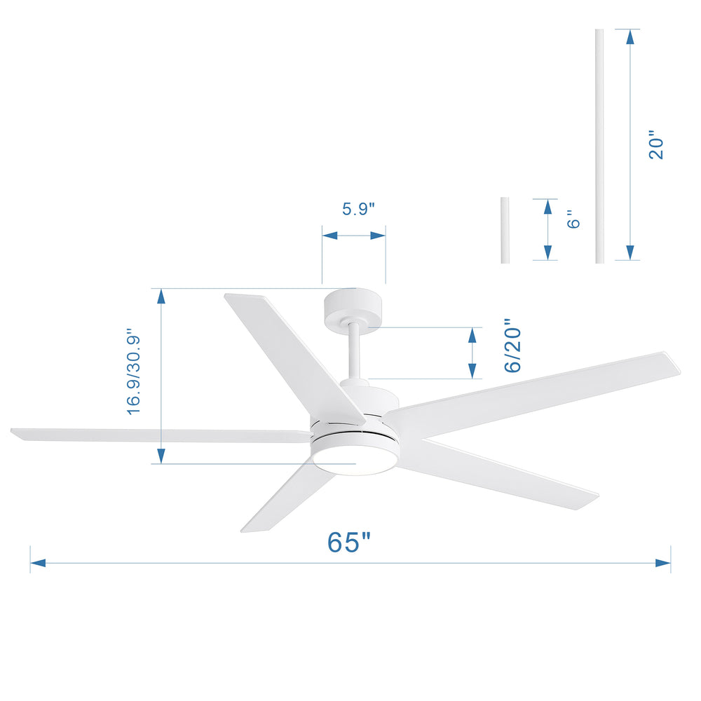 65-inch 5-Blade LED Ceiling Fan with Light and Remote，6" downrod and 20" downrod Included
