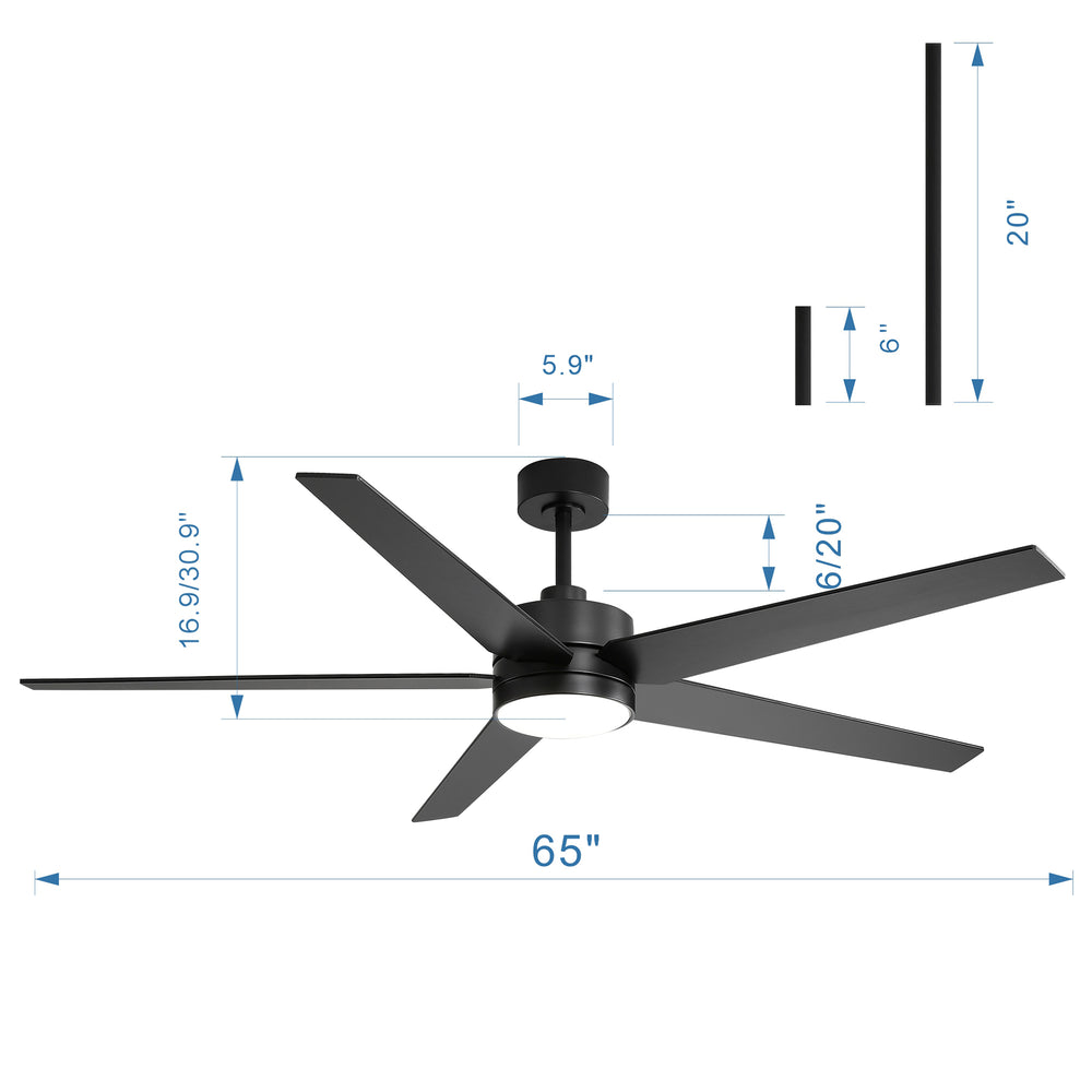 65-inch 5-Blade LED Ceiling Fan with Light and Remote，6" downrod and 20" downrod Included