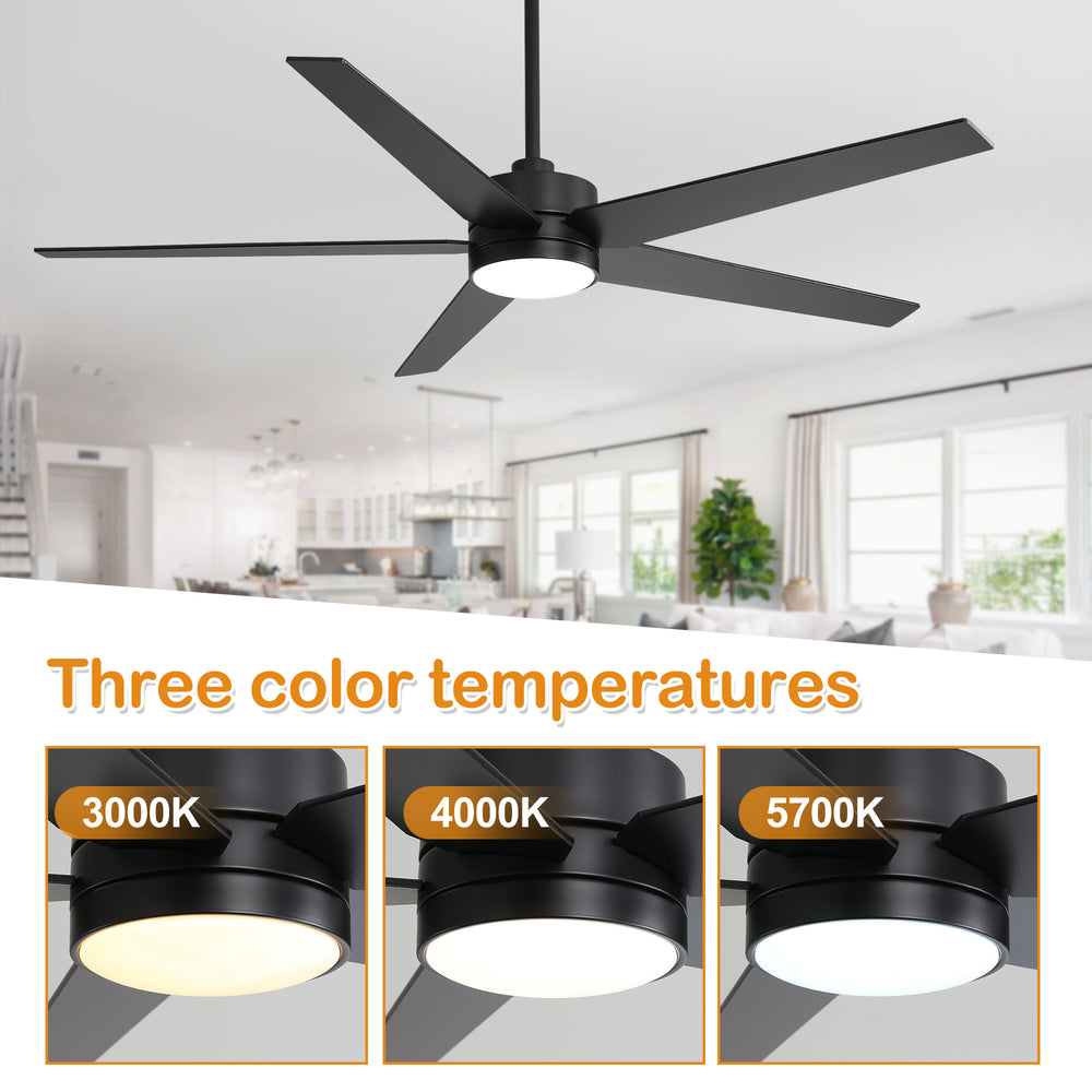 65-inch 5-Blade LED Ceiling Fan with Light and Remote，6" downrod and 20" downrod Included