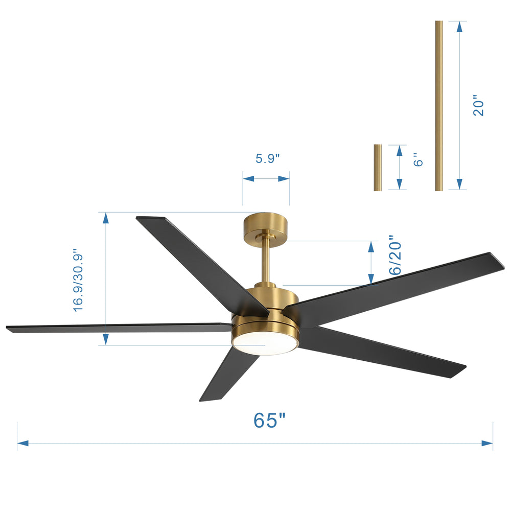 65-inch 5-Blade LED Ceiling Fan with Light and Remote，6" downrod and 20" downrod Included
